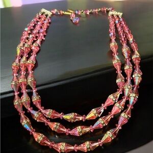 Vintage Aurora Borealis Pink Cut Glass 3 Strand circa 1930's Necklace